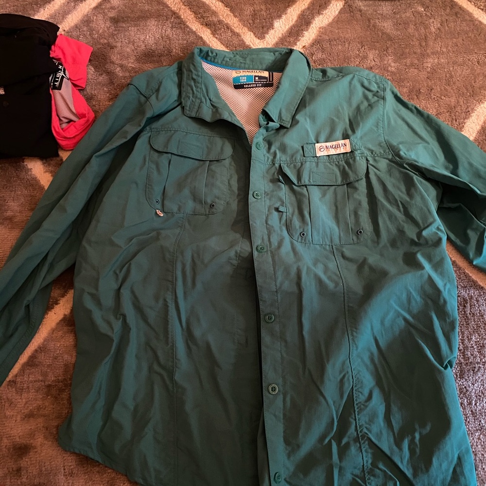 teal button up fishing shirt